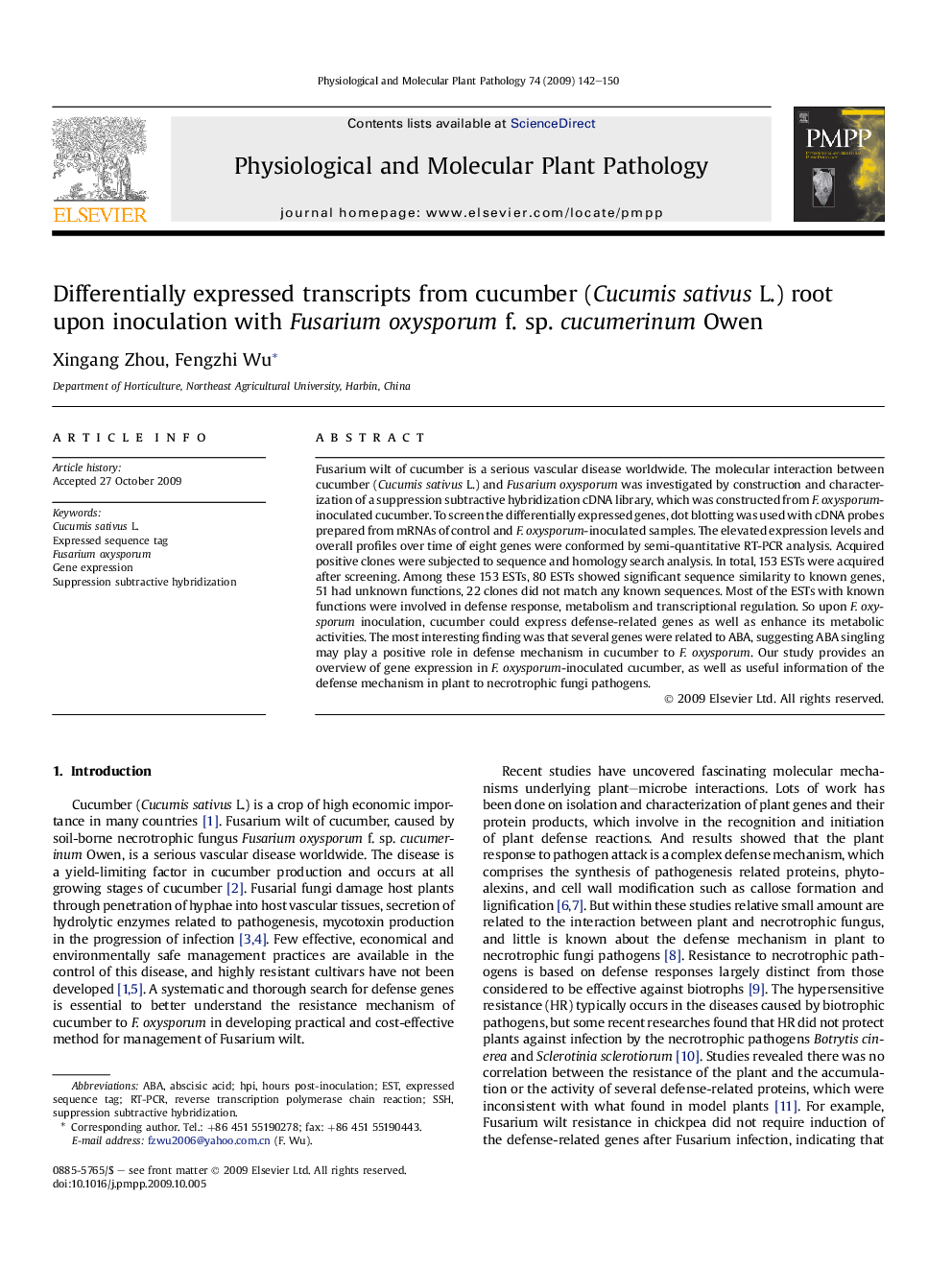 Differentially expressed transcripts from cucumber (Cucumis sativus L.) root upon inoculation with Fusarium oxysporum f. sp. cucumerinum Owen