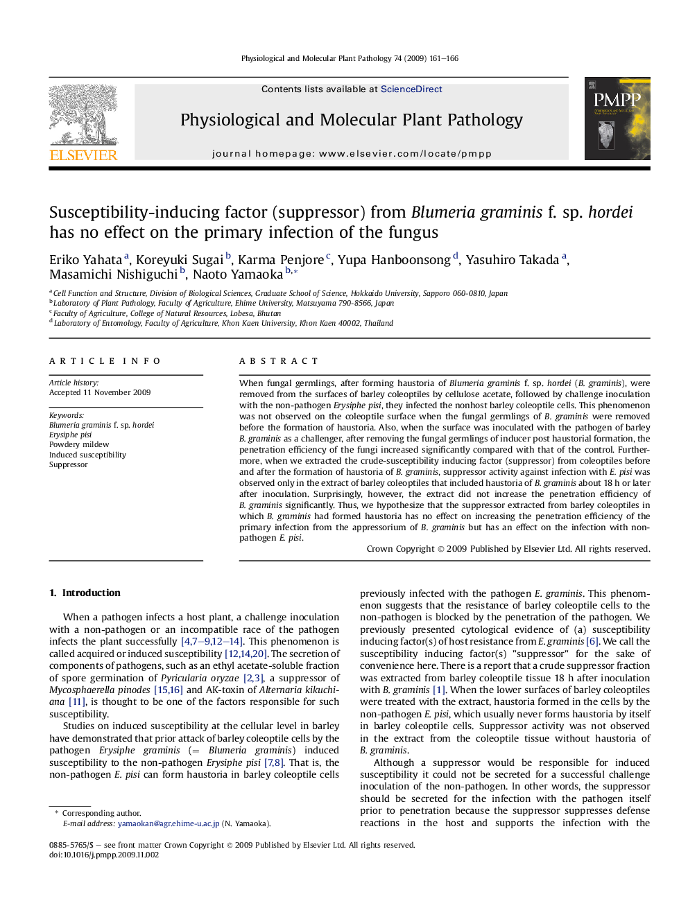 Susceptibility-inducing factor (suppressor) from Blumeria graminis f. sp. hordei has no effect on the primary infection of the fungus