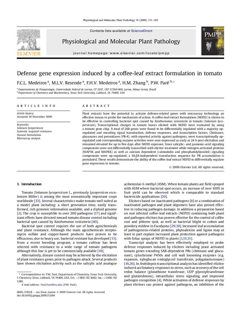 Defense gene expression induced by a coffee-leaf extract formulation in tomato