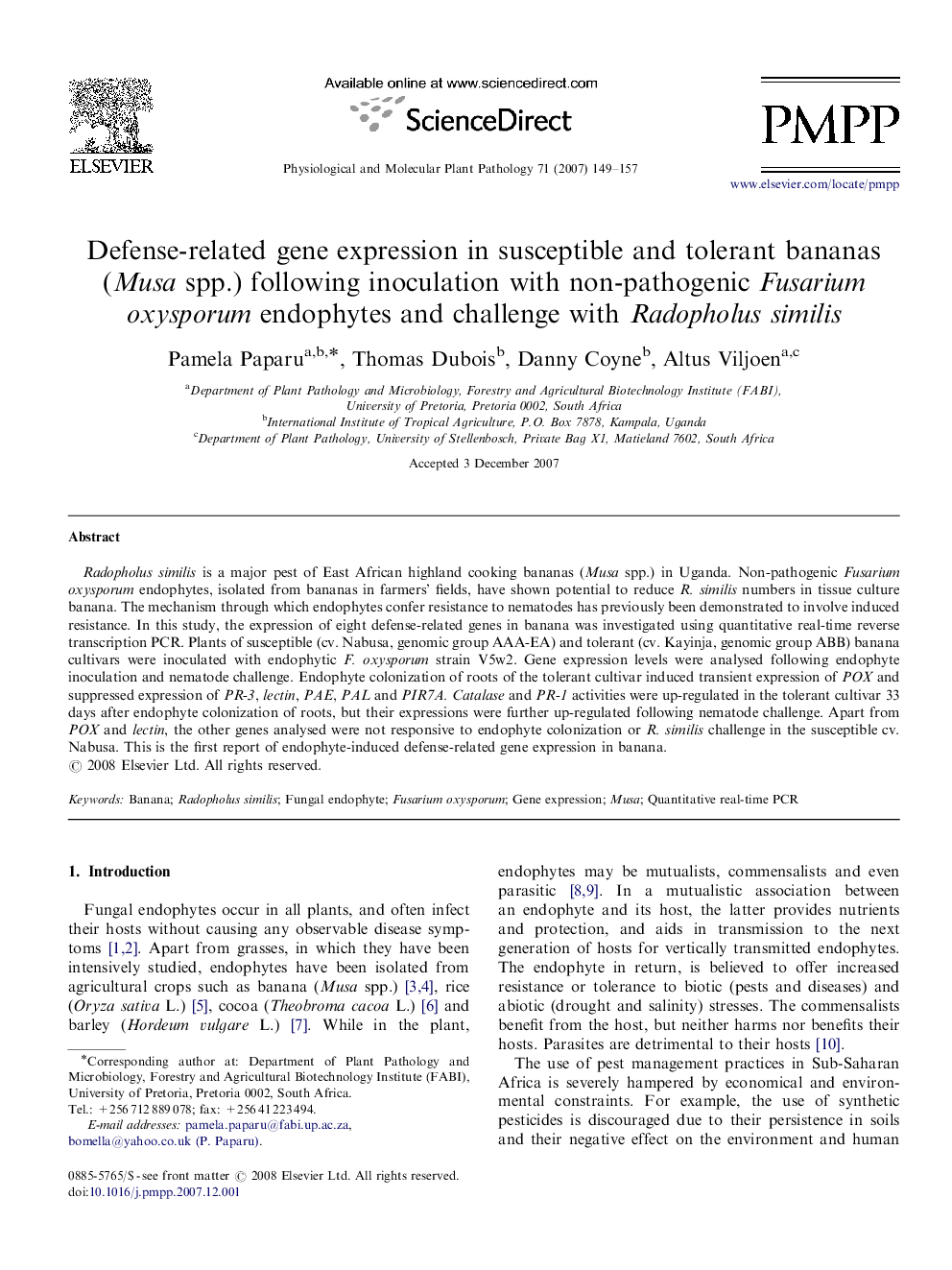 Defense-related gene expression in susceptible and tolerant bananas (Musa spp.) following inoculation with non-pathogenic Fusarium oxysporum endophytes and challenge with Radopholus similis