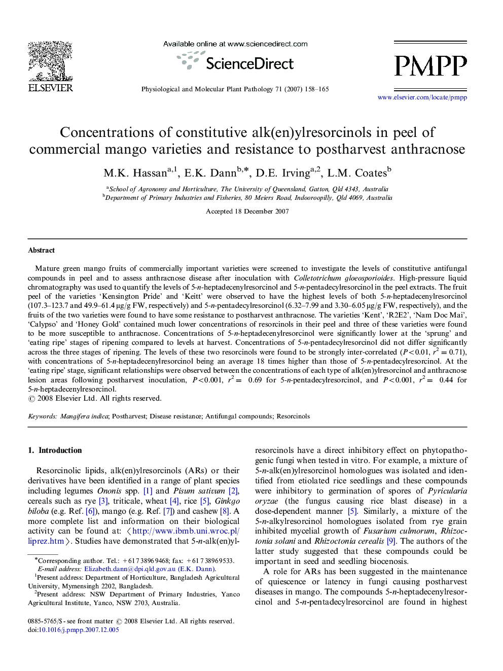 Concentrations of constitutive alk(en)ylresorcinols in peel of commercial mango varieties and resistance to postharvest anthracnose