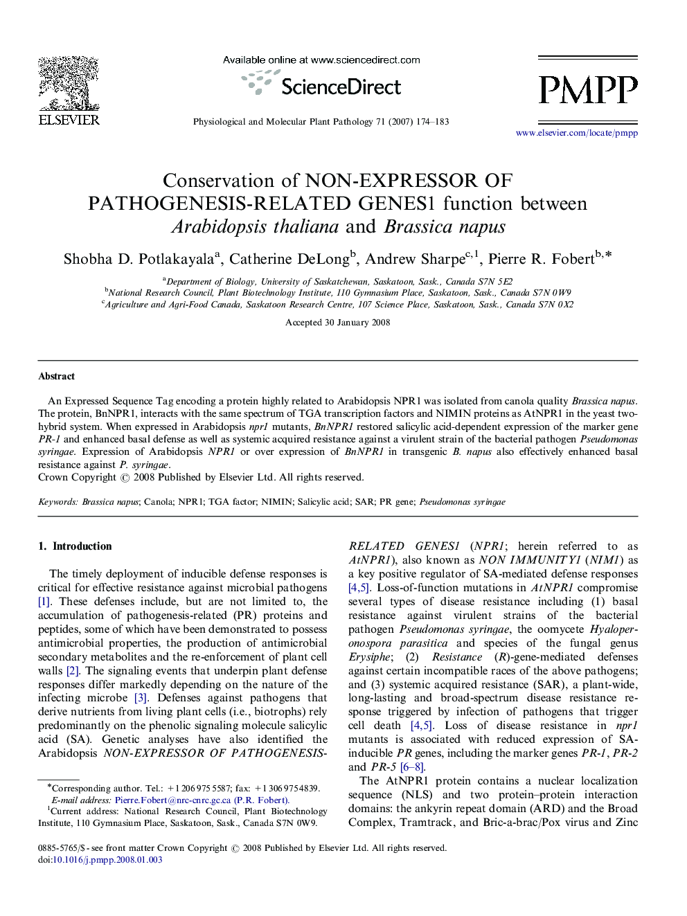 Conservation of NON-EXPRESSOR OF PATHOGENESIS-RELATED GENES1 function between Arabidopsis thaliana and Brassica napus