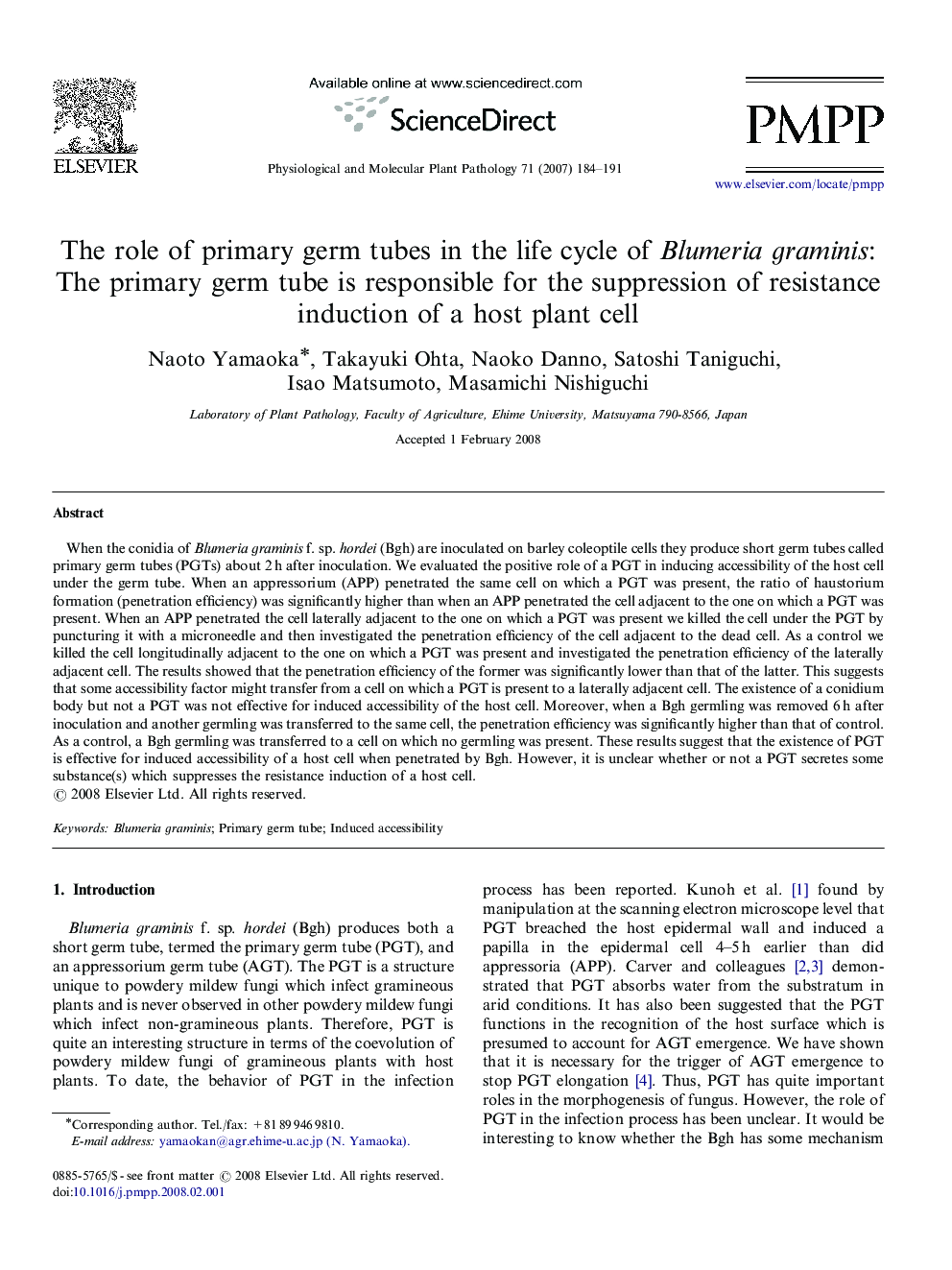 The role of primary germ tubes in the life cycle of Blumeria graminis: The primary germ tube is responsible for the suppression of resistance induction of a host plant cell