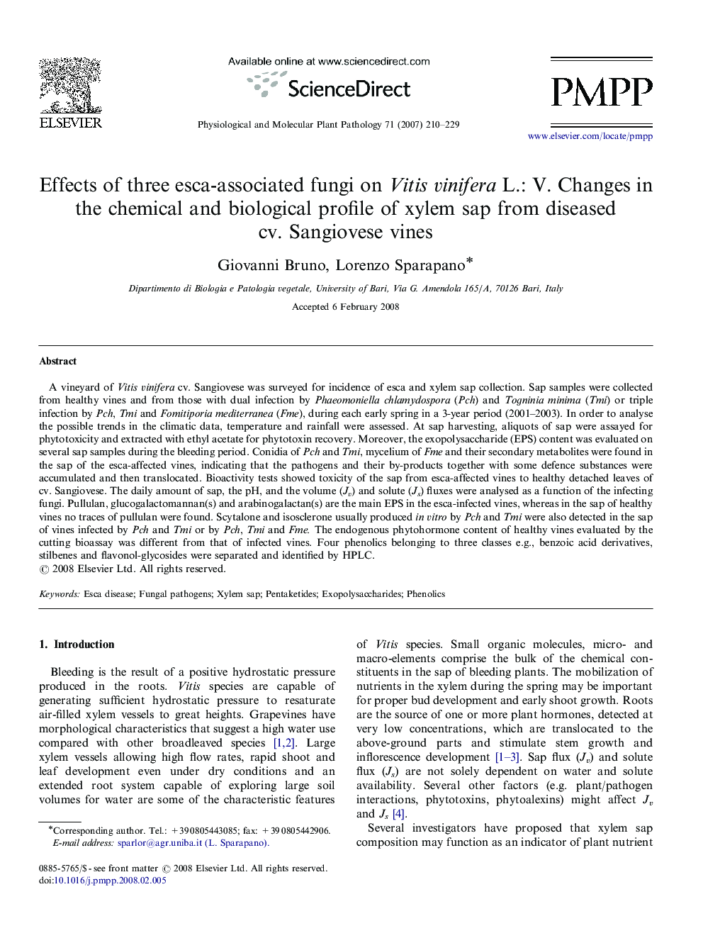 Effects of three esca-associated fungi on Vitis vinifera L.: V. Changes in the chemical and biological profile of xylem sap from diseased cv. Sangiovese vines