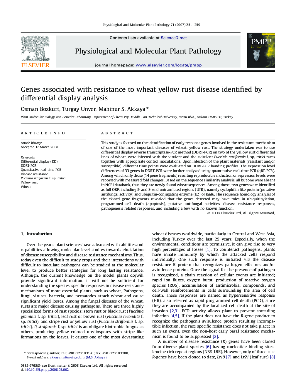 Genes associated with resistance to wheat yellow rust disease identified by differential display analysis