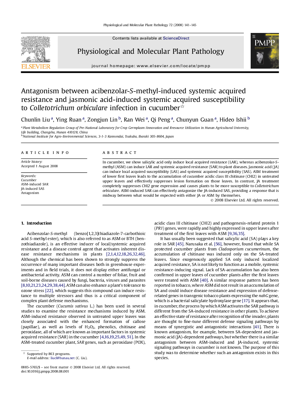 Antagonism between acibenzolar-S-methyl-induced systemic acquired resistance and jasmonic acid-induced systemic acquired susceptibility to Colletotrichum orbiculare infection in cucumber 