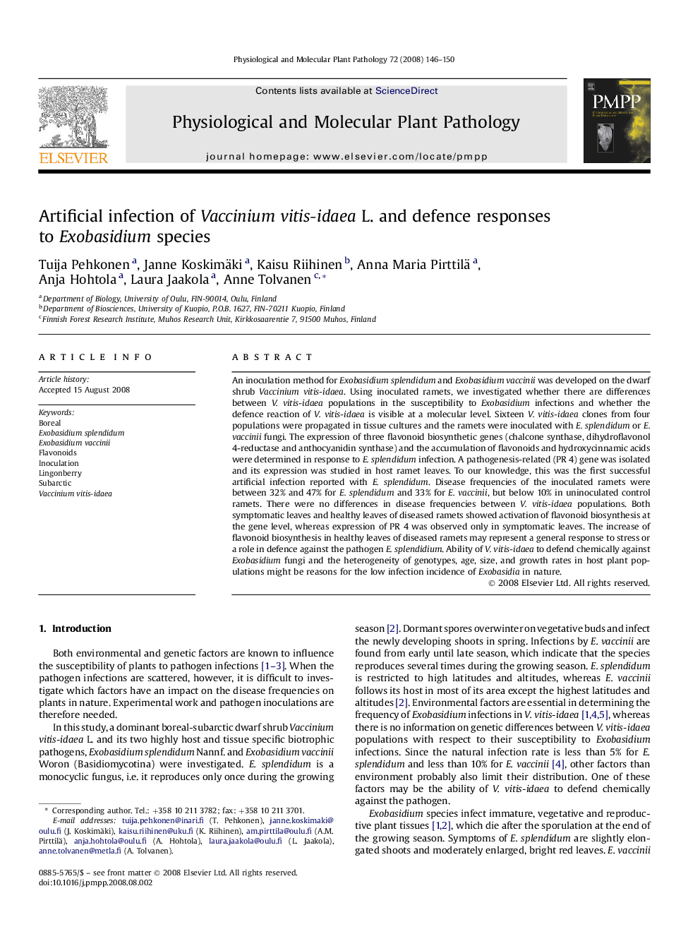 Artificial infection of Vaccinium vitis-idaea L. and defence responses to Exobasidium species