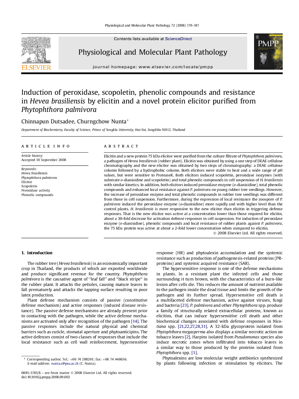 Induction of peroxidase, scopoletin, phenolic compounds and resistance in Hevea brasiliensis by elicitin and a novel protein elicitor purified from Phytophthora palmivora