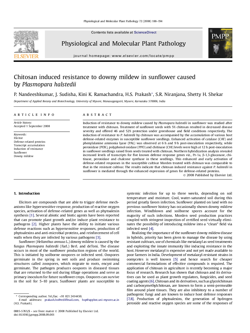 Chitosan induced resistance to downy mildew in sunflower caused by Plasmopara halstedii