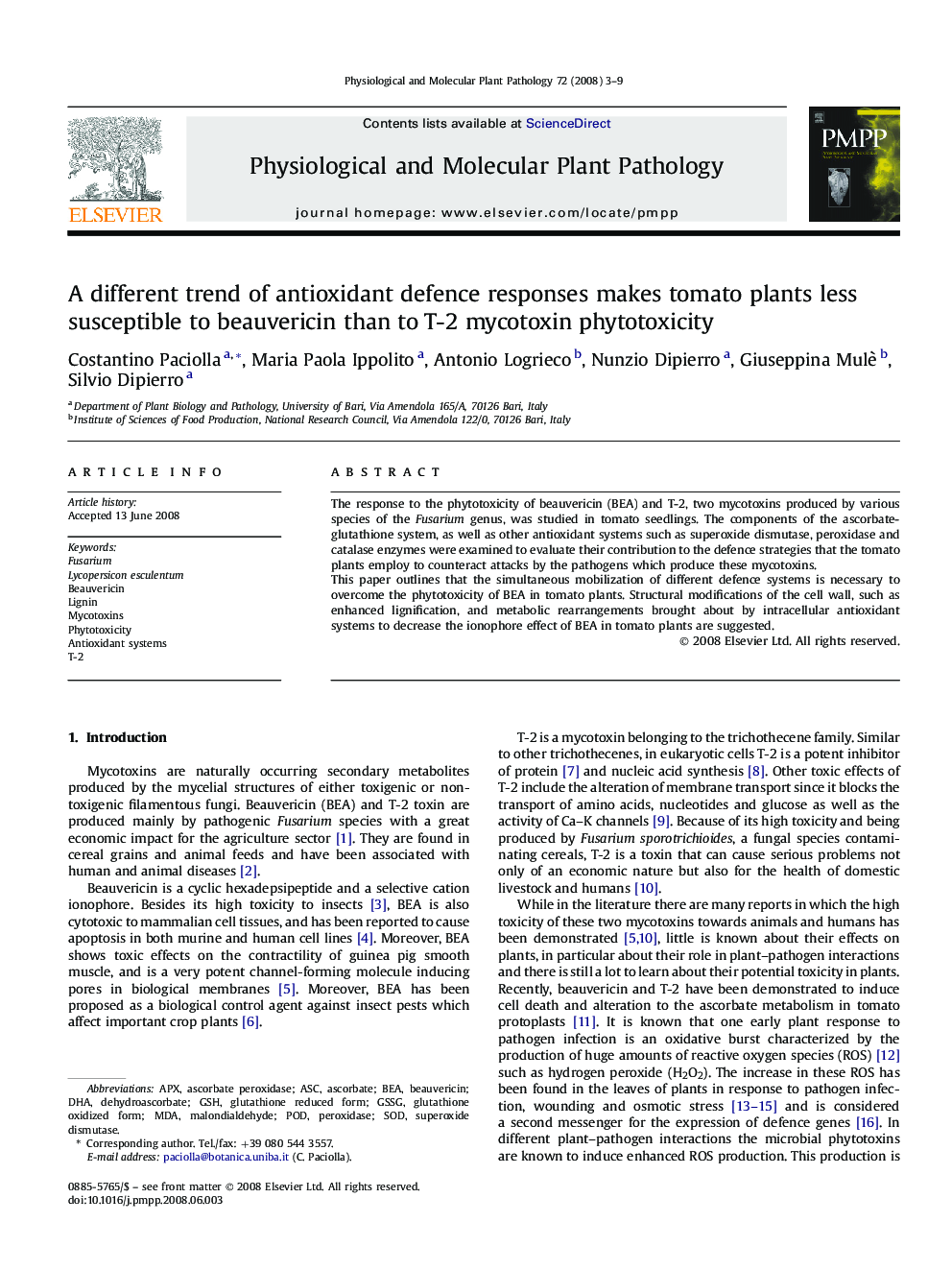 A different trend of antioxidant defence responses makes tomato plants less susceptible to beauvericin than to T-2 mycotoxin phytotoxicity