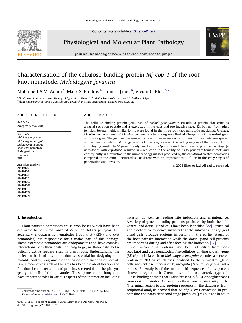 Characterisation of the cellulose-binding protein Mj-cbp-1 of the root knot nematode, Meloidogyne javanica