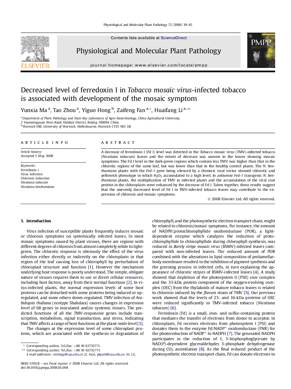 Decreased level of ferredoxin I in Tobacco mosaic virus-infected tobacco is associated with development of the mosaic symptom