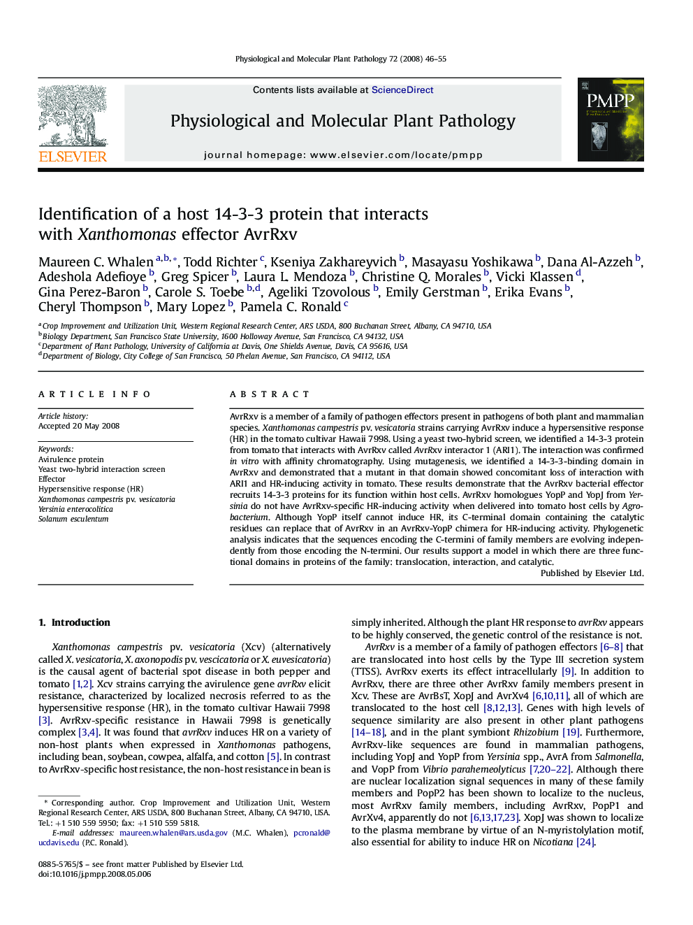 Identification of a host 14-3-3 protein that interacts with Xanthomonas effector AvrRxv