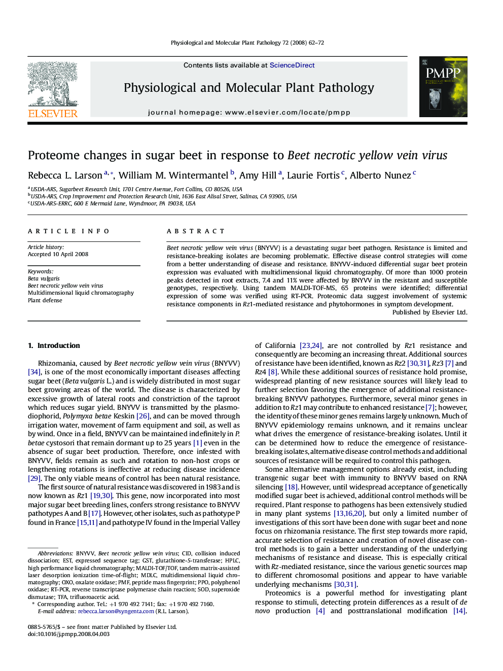 Proteome changes in sugar beet in response to Beet necrotic yellow vein virus