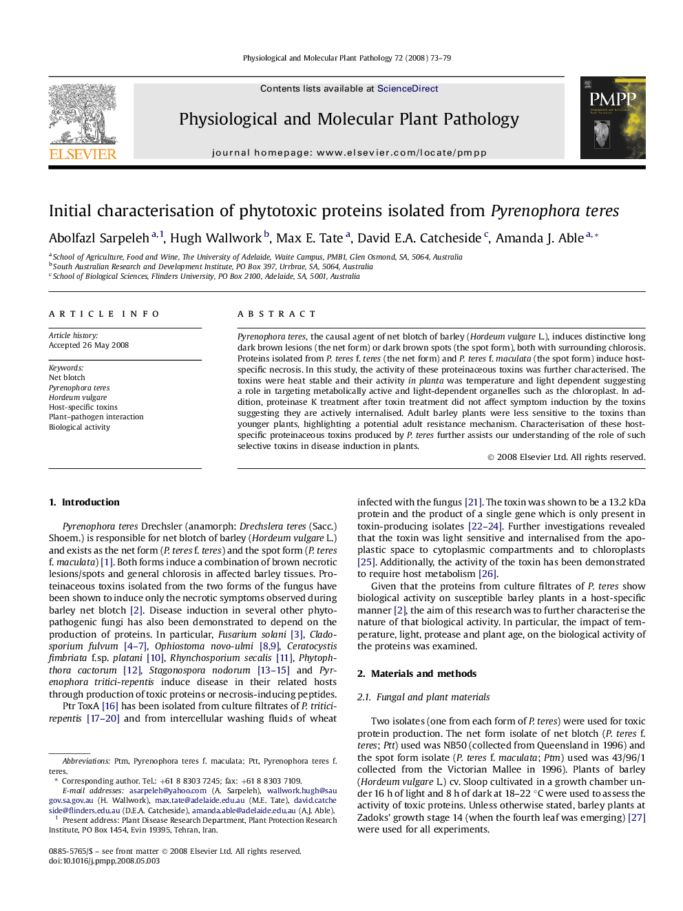 Initial characterisation of phytotoxic proteins isolated from Pyrenophora teres