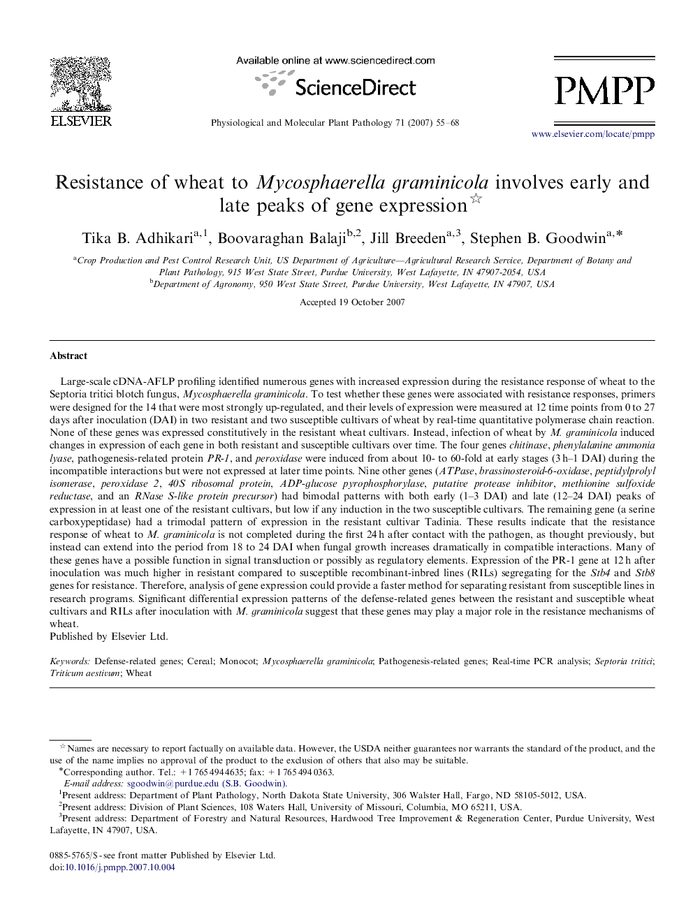 Resistance of wheat to Mycosphaerella graminicola involves early and late peaks of gene expression