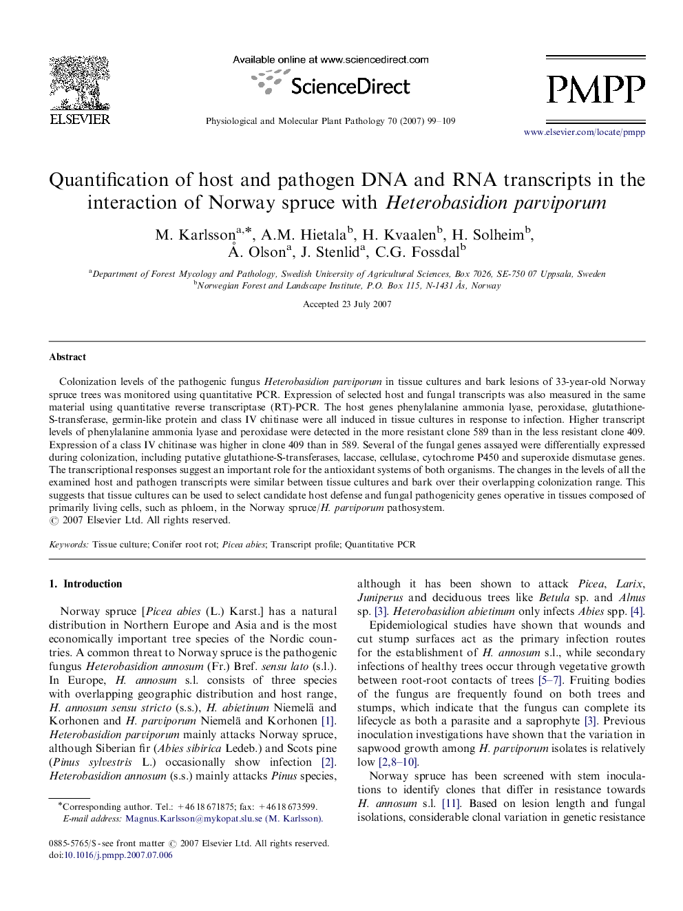 Quantification of host and pathogen DNA and RNA transcripts in the interaction of Norway spruce with Heterobasidion parviporum