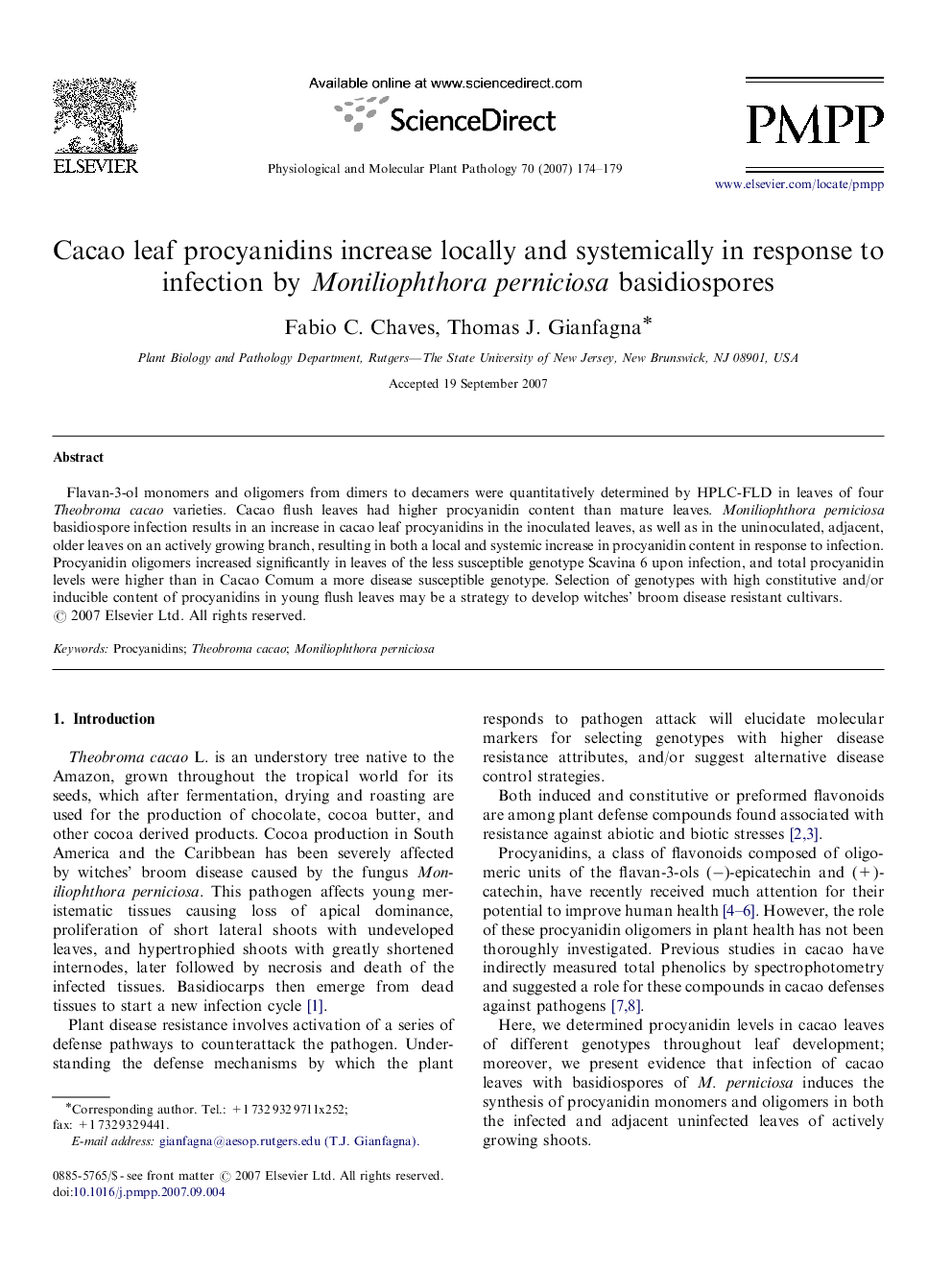 Cacao leaf procyanidins increase locally and systemically in response to infection by Moniliophthora perniciosa basidiospores