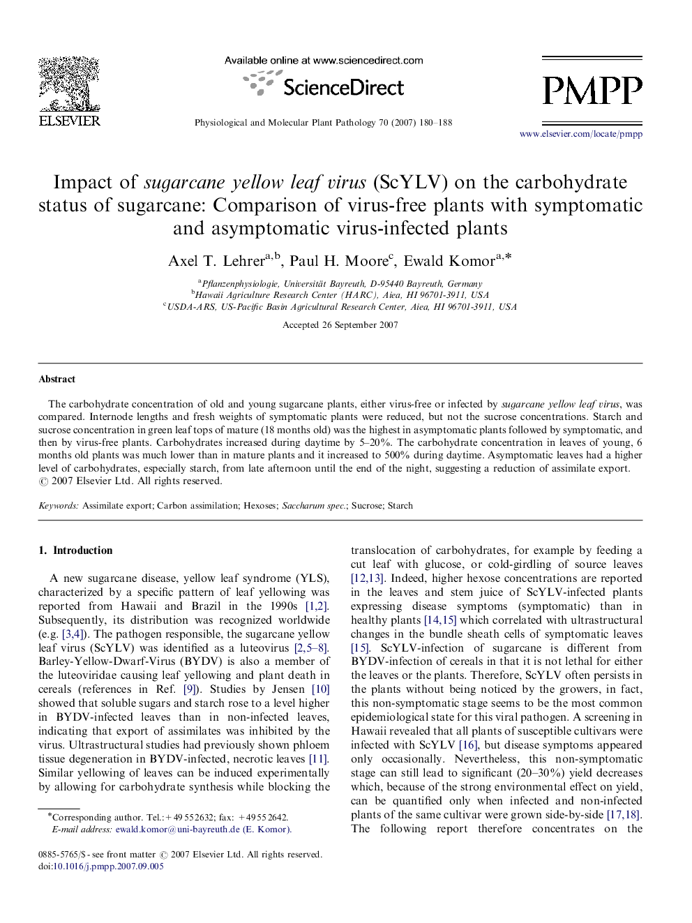 Impact of sugarcane yellow leaf virus (ScYLV) on the carbohydrate status of sugarcane: Comparison of virus-free plants with symptomatic and asymptomatic virus-infected plants