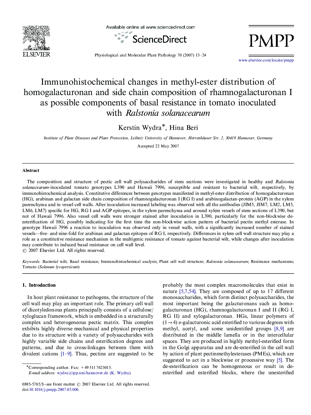 Immunohistochemical changes in methyl-ester distribution of homogalacturonan and side chain composition of rhamnogalacturonan I as possible components of basal resistance in tomato inoculated with Ralstonia solanacearum