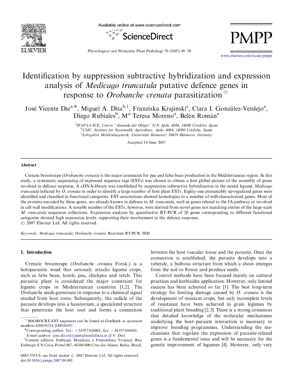 Identification by suppression subtractive hybridization and expression analysis of Medicago truncatula putative defence genes in response to Orobanche crenata parasitization 