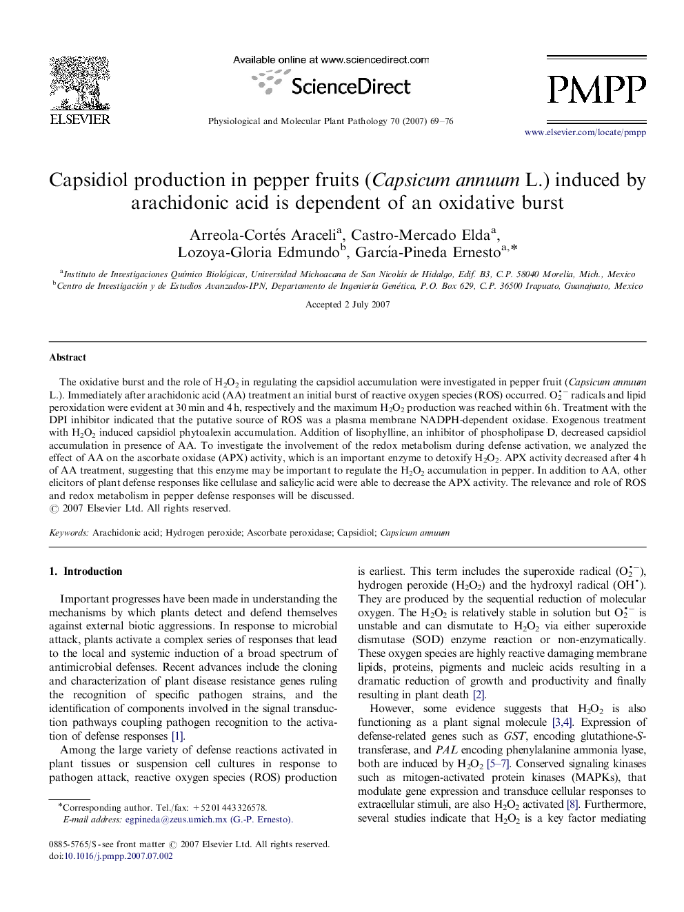 Capsidiol production in pepper fruits (Capsicum annuum L.) induced by arachidonic acid is dependent of an oxidative burst