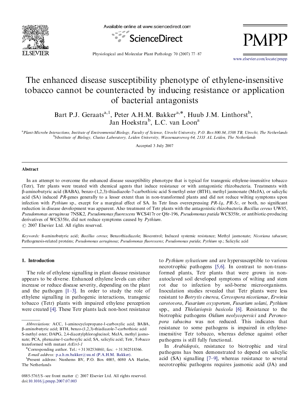 The enhanced disease susceptibility phenotype of ethylene-insensitive tobacco cannot be counteracted by inducing resistance or application of bacterial antagonists