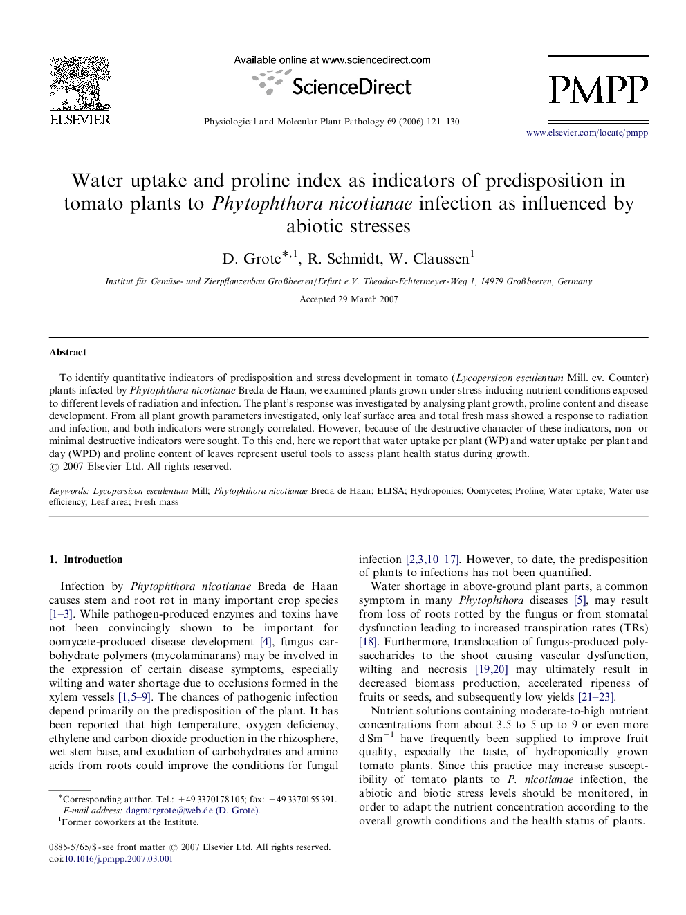 Water uptake and proline index as indicators of predisposition in tomato plants to Phytophthora nicotianae infection as influenced by abiotic stresses