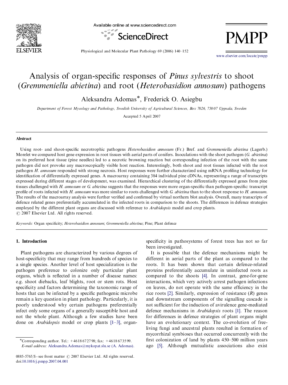 Analysis of organ-specific responses of Pinus sylvestris to shoot (Gremmeniella abietina) and root (Heterobasidion annosum) pathogens