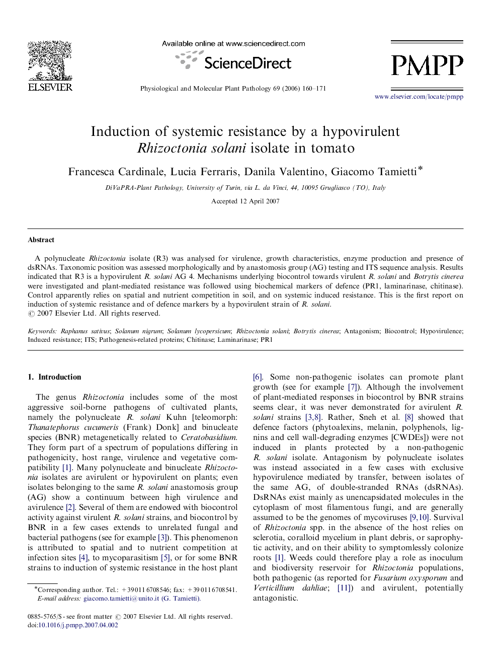 Induction of systemic resistance by a hypovirulent Rhizoctonia solani isolate in tomato