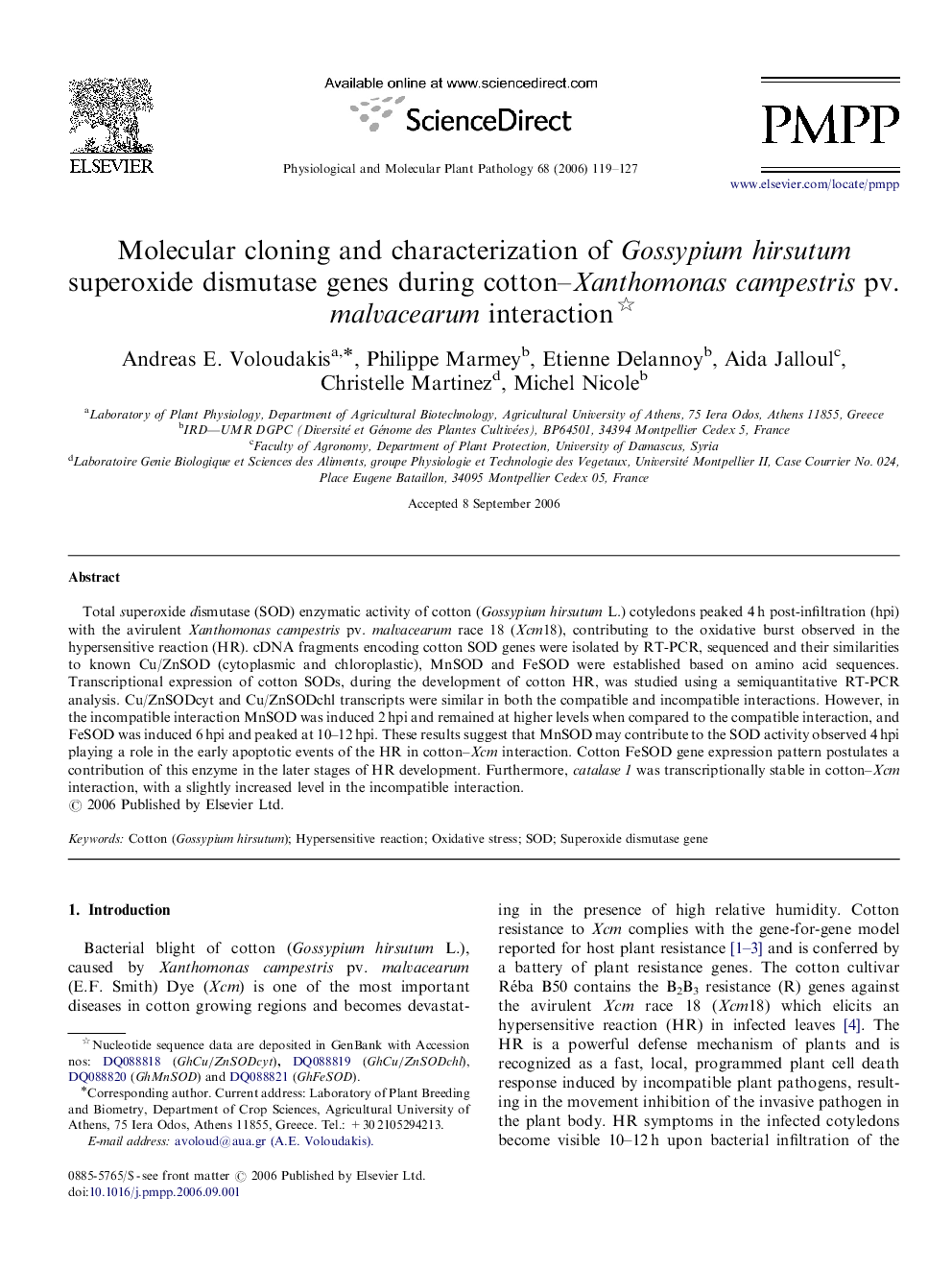 Molecular cloning and characterization of Gossypium hirsutum superoxide dismutase genes during cotton–Xanthomonas campestris pv. malvacearum interaction 