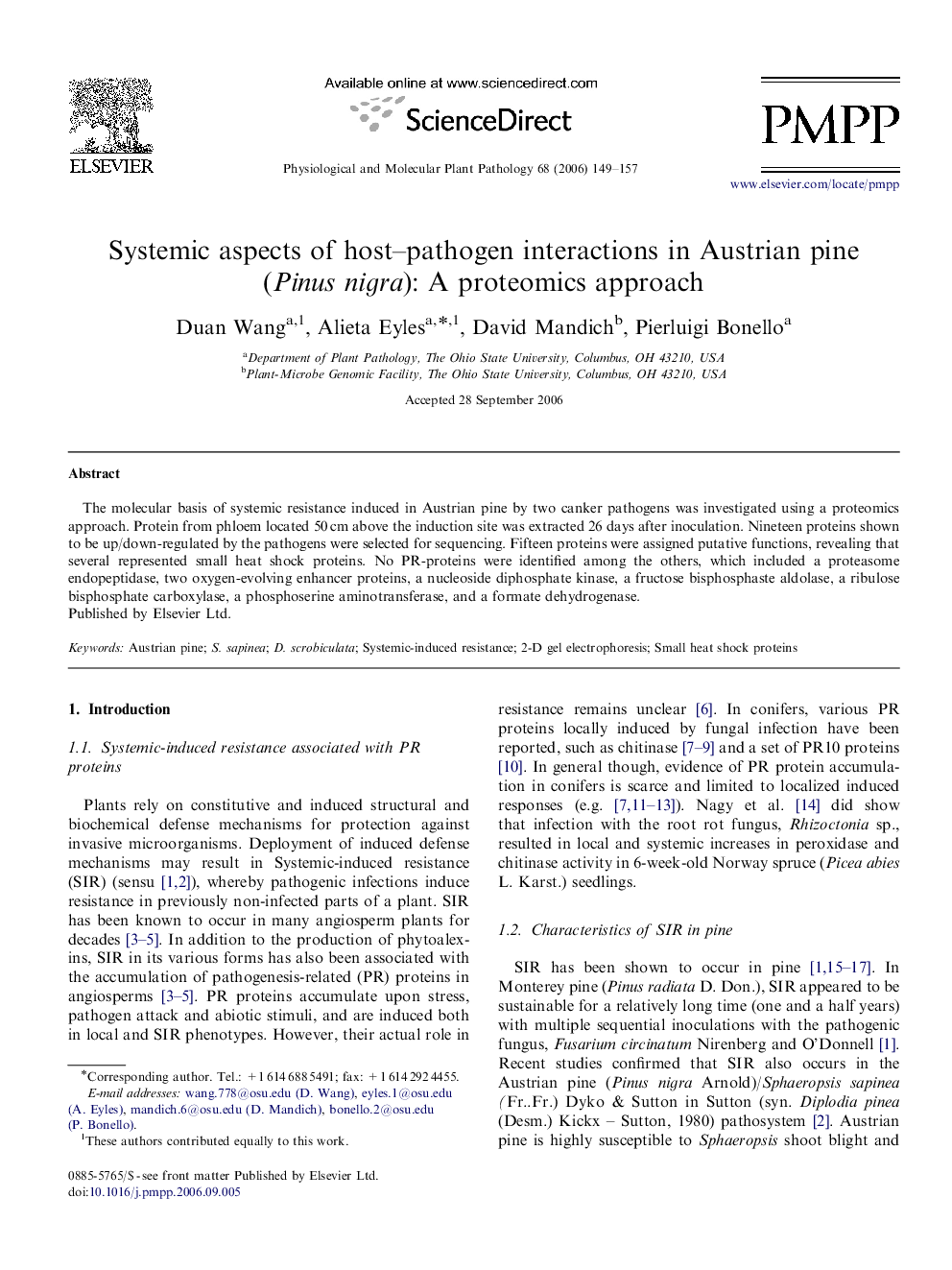 Systemic aspects of host–pathogen interactions in Austrian pine (Pinus nigra): A proteomics approach