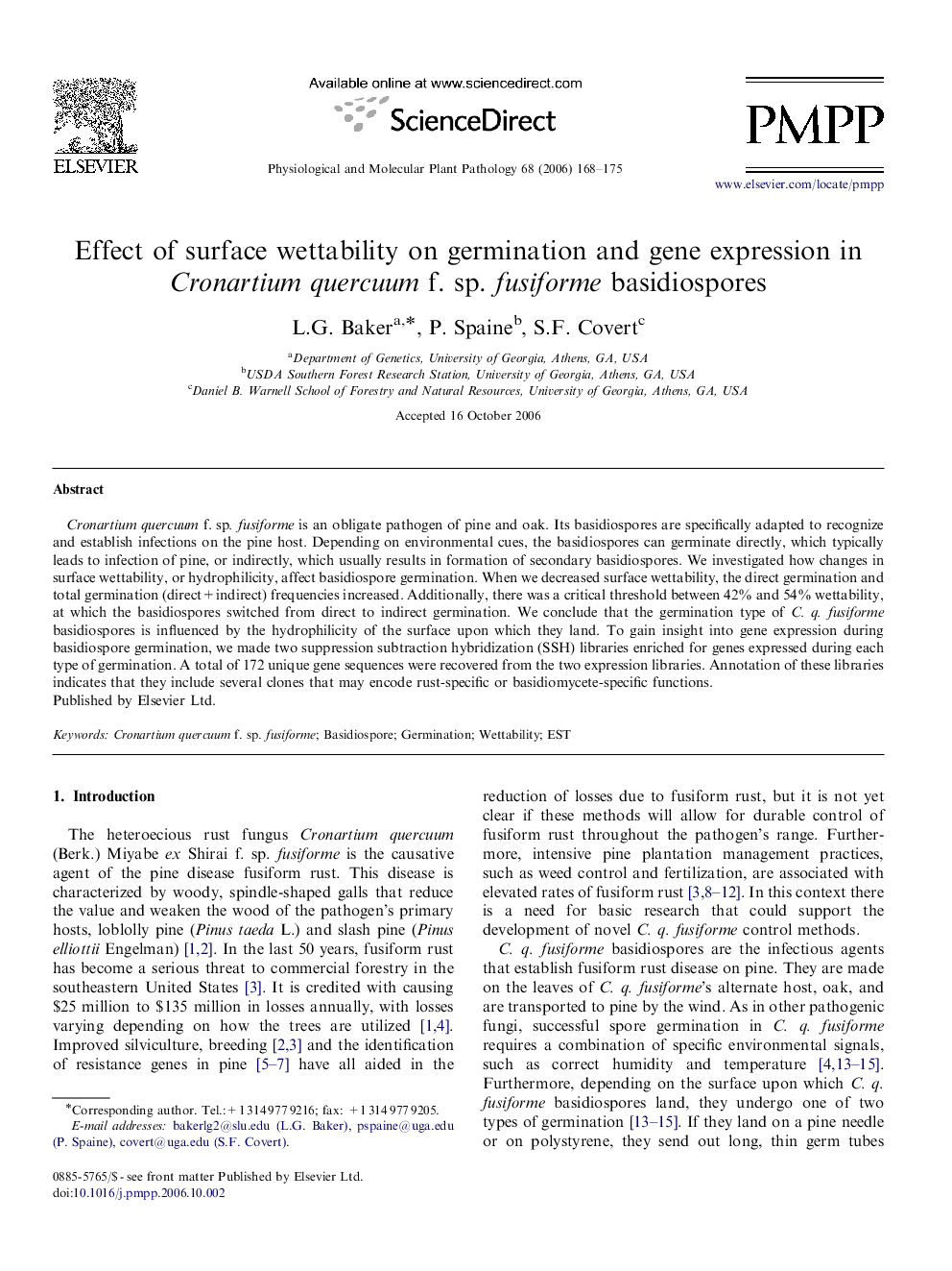 Effect of surface wettability on germination and gene expression in Cronartium quercuum f. sp. fusiforme basidiospores