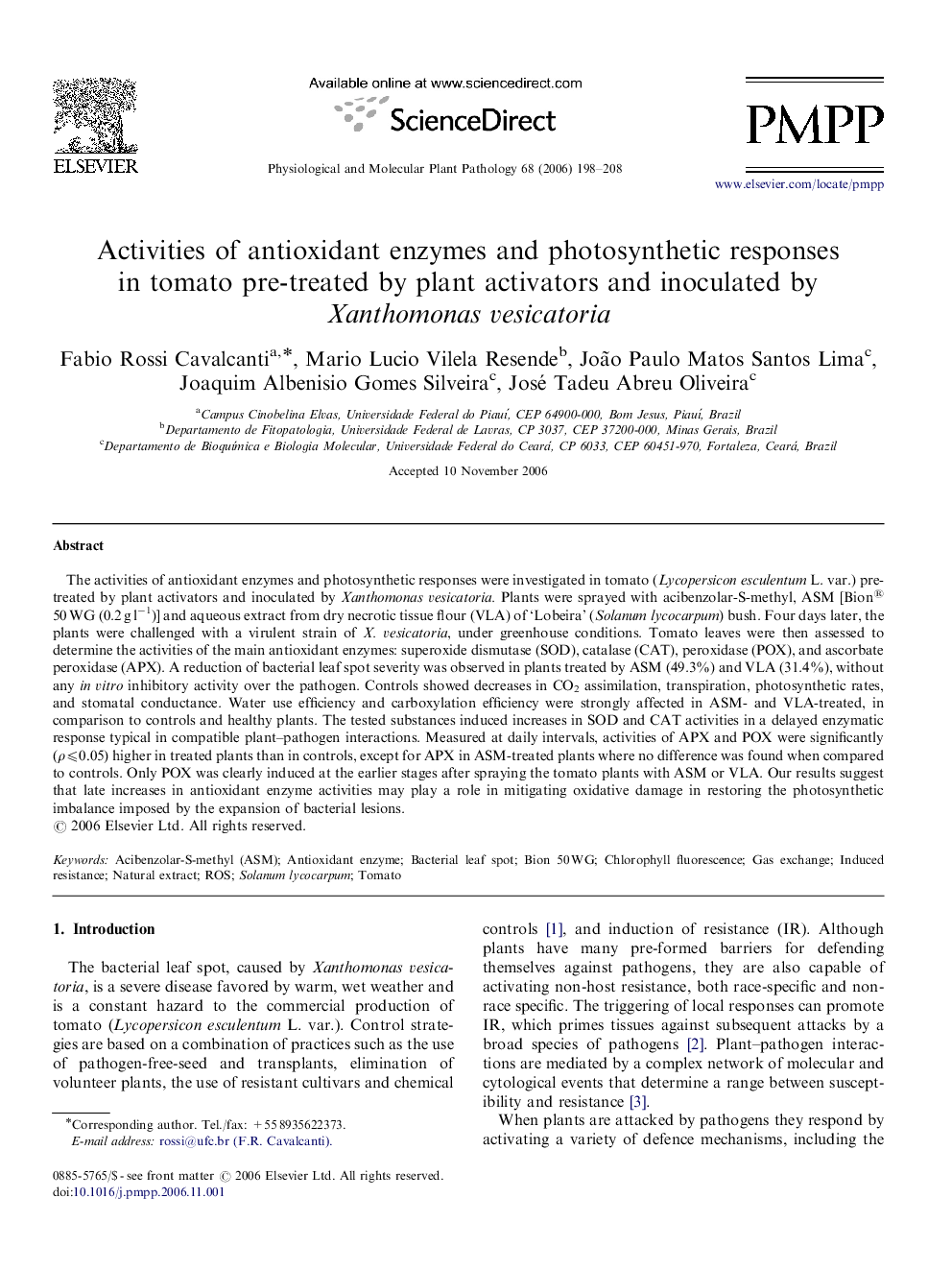 Activities of antioxidant enzymes and photosynthetic responses in tomato pre-treated by plant activators and inoculated by Xanthomonas vesicatoria