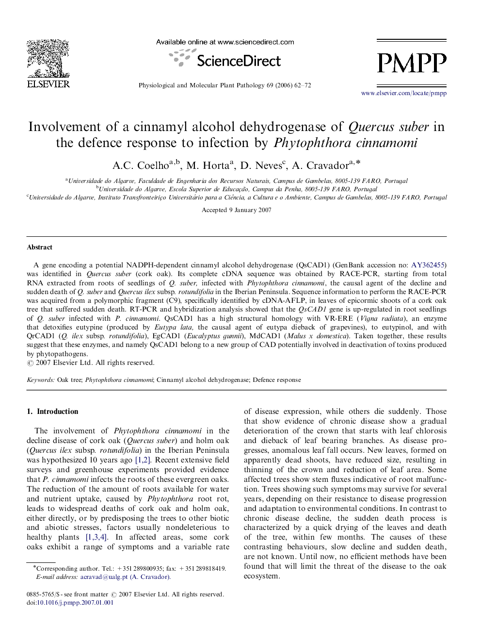 Involvement of a cinnamyl alcohol dehydrogenase of Quercus suber in the defence response to infection by Phytophthora cinnamomi