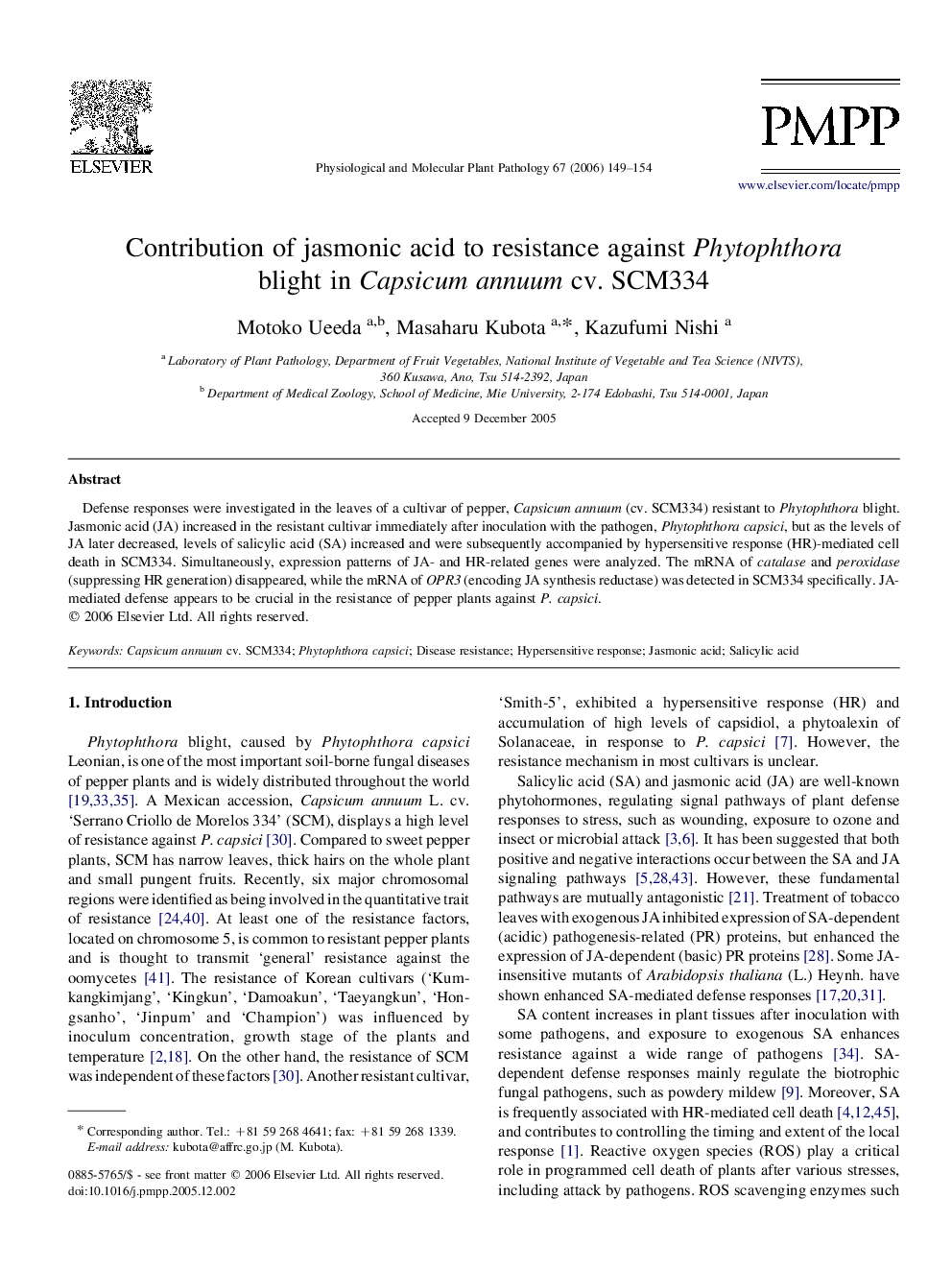 Contribution of jasmonic acid to resistance against Phytophthora blight in Capsicum annuum cv. SCM334