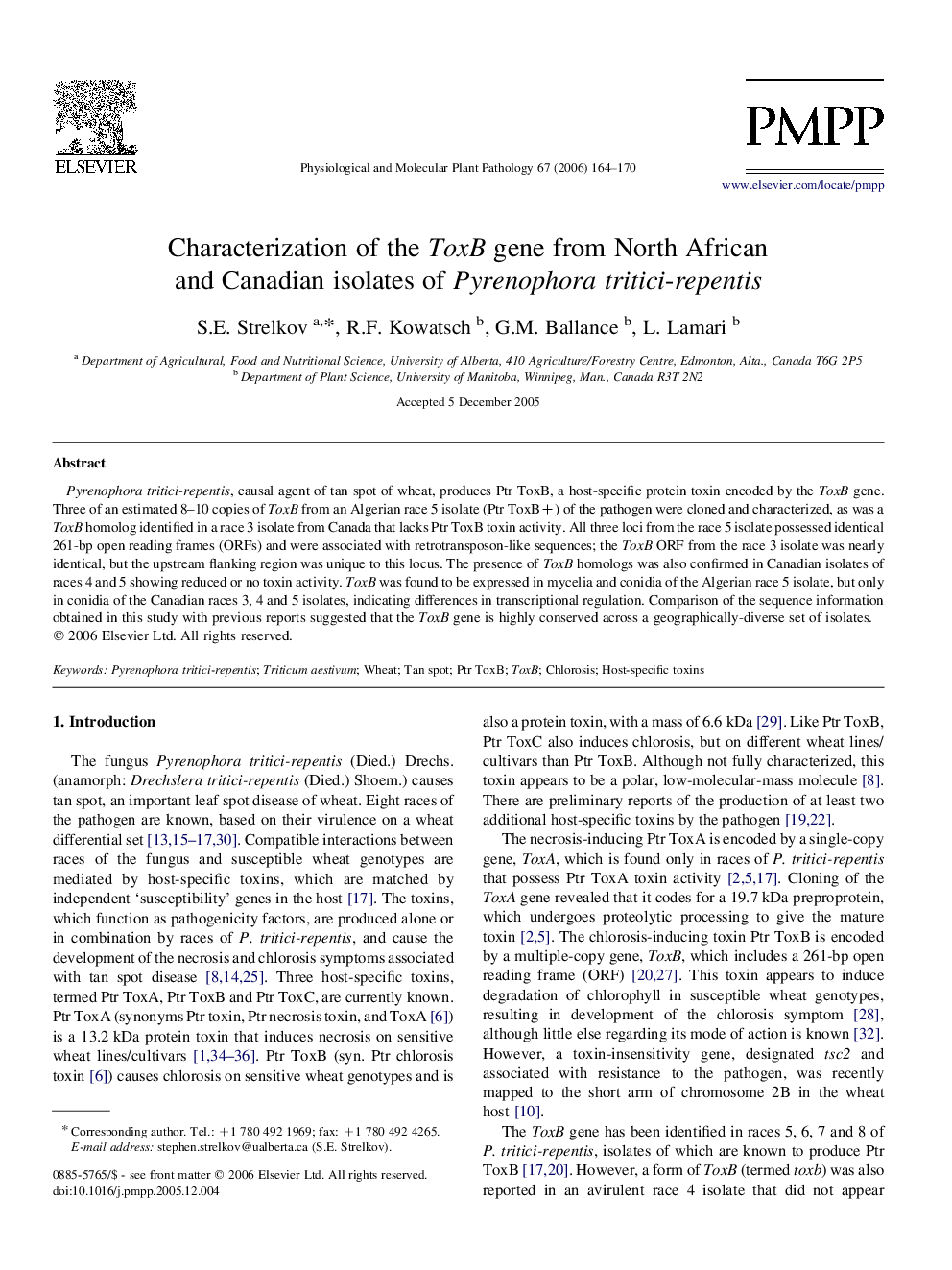 Characterization of the ToxB gene from North African and Canadian isolates of Pyrenophora tritici-repentis