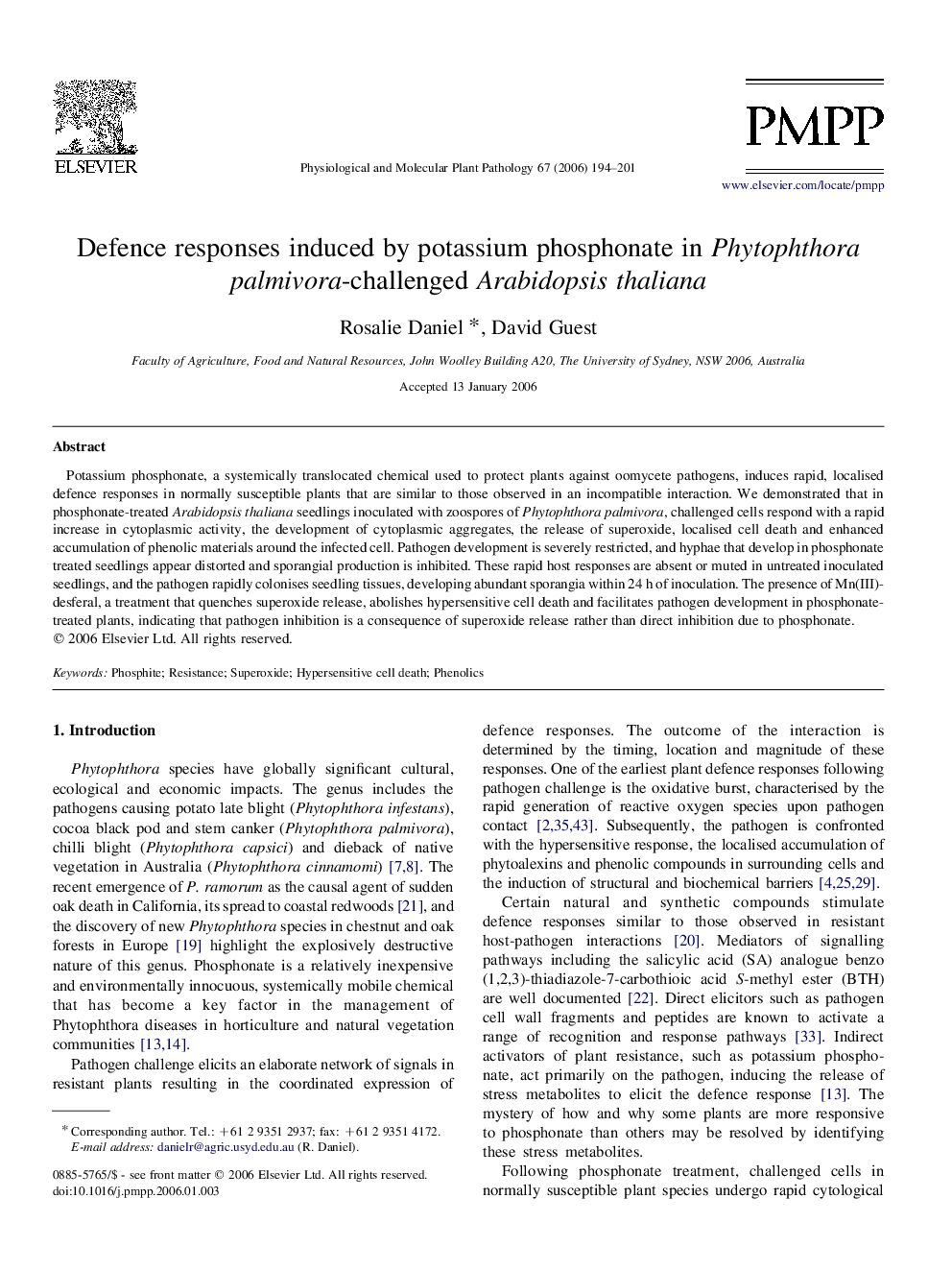 Defence responses induced by potassium phosphonate in Phytophthora palmivora-challenged Arabidopsis thaliana