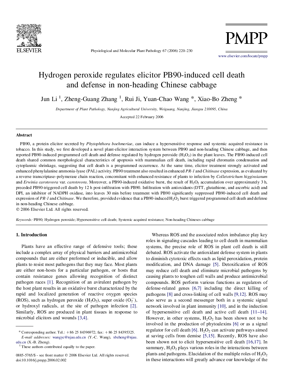 Hydrogen peroxide regulates elicitor PB90-induced cell death and defense in non-heading Chinese cabbage