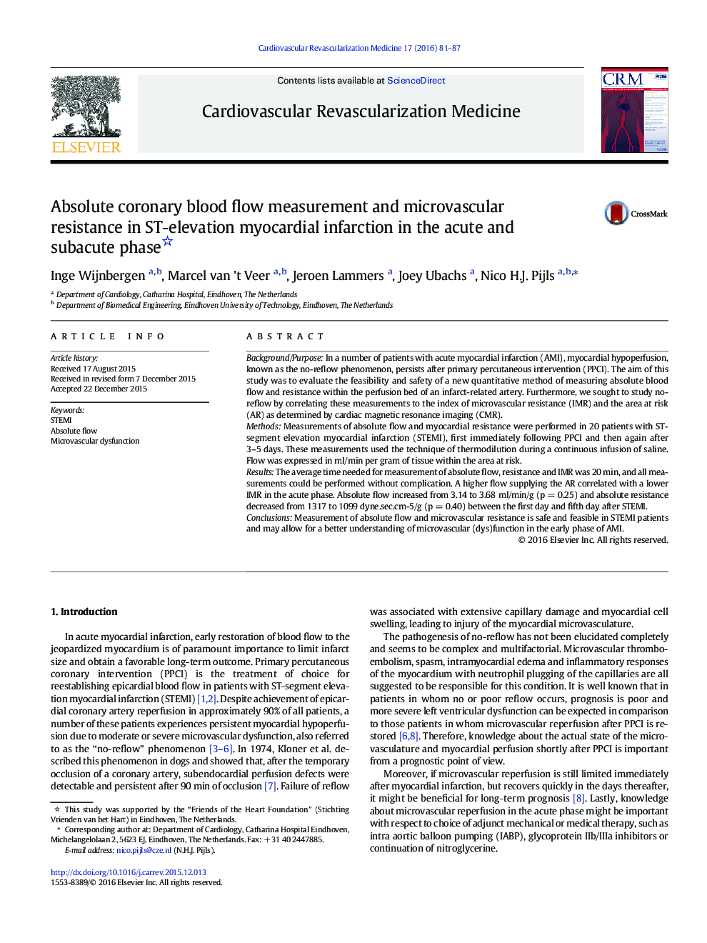 Absolute coronary blood flow measurement and microvascular resistance in ST-elevation myocardial infarction in the acute and subacute phase 