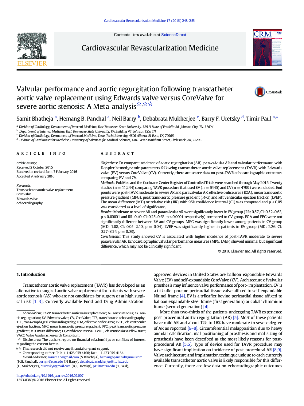 Valvular performance and aortic regurgitation following transcatheter aortic valve replacement using Edwards valve versus CoreValve for severe aortic stenosis: A Meta-analysis 