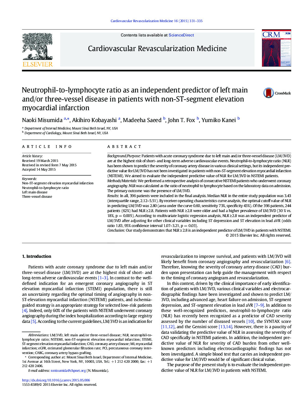 Neutrophil-to-lymphocyte ratio as an independent predictor of left main and/or three-vessel disease in patients with non-ST-segment elevation myocardial infarction