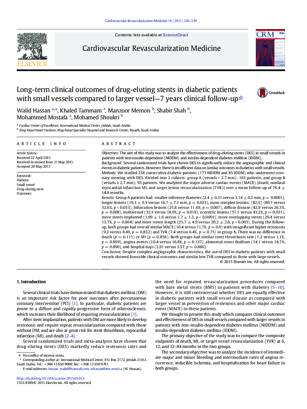 Long-term clinical outcomes of drug-eluting stents in diabetic patients with small vessels compared to larger vessel—7 years clinical follow-up 