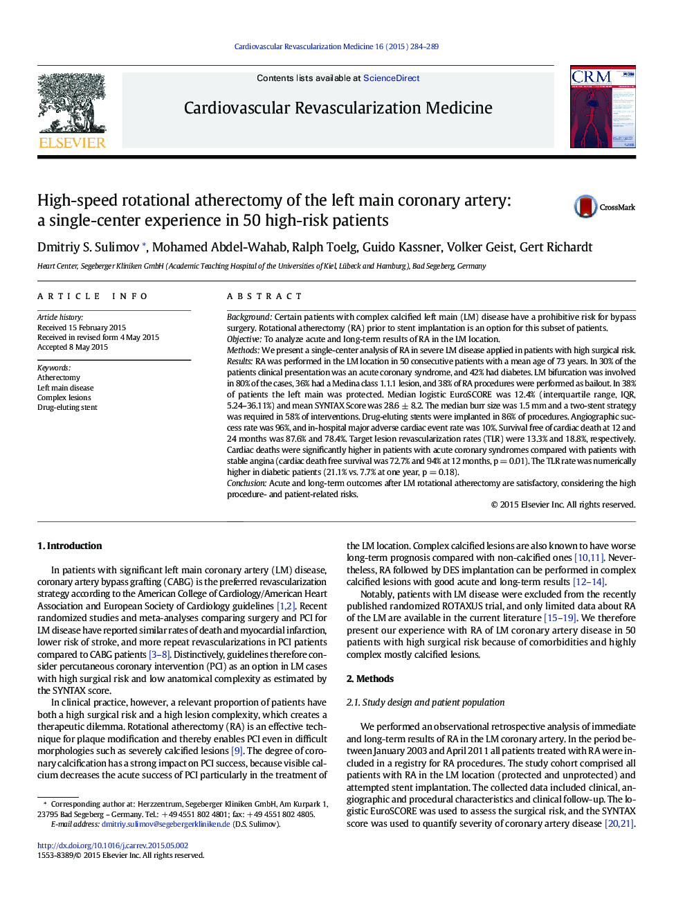 High-speed rotational atherectomy of the left main coronary artery: a single-center experience in 50 high-risk patients