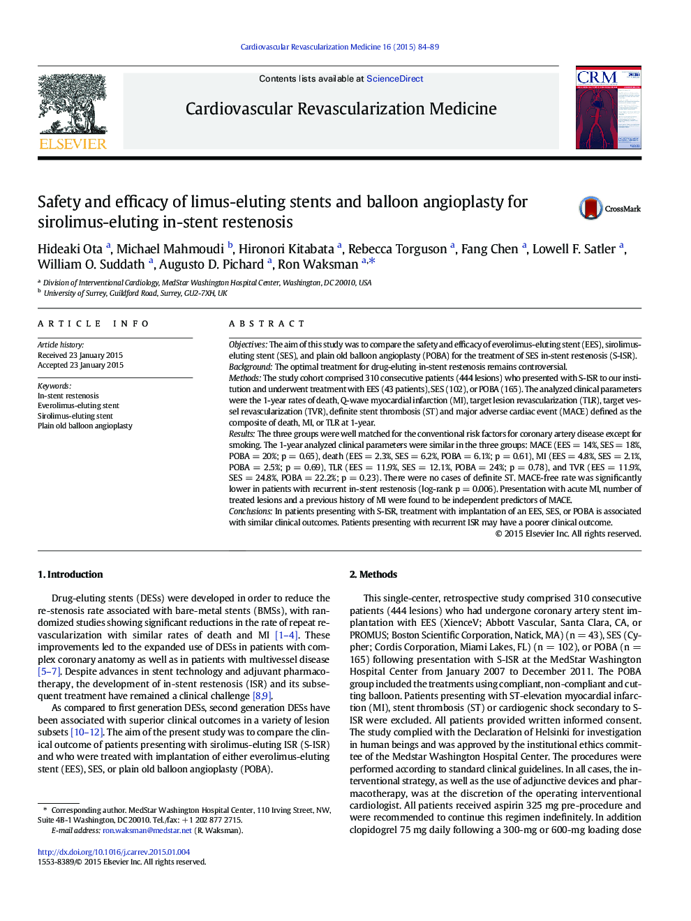 Safety and efficacy of limus-eluting stents and balloon angioplasty for sirolimus-eluting in-stent restenosis