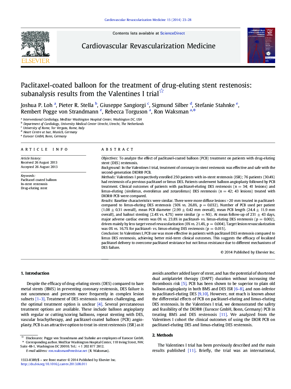 Paclitaxel-coated balloon for the treatment of drug-eluting stent restenosis: subanalysis results from the Valentines I trial 