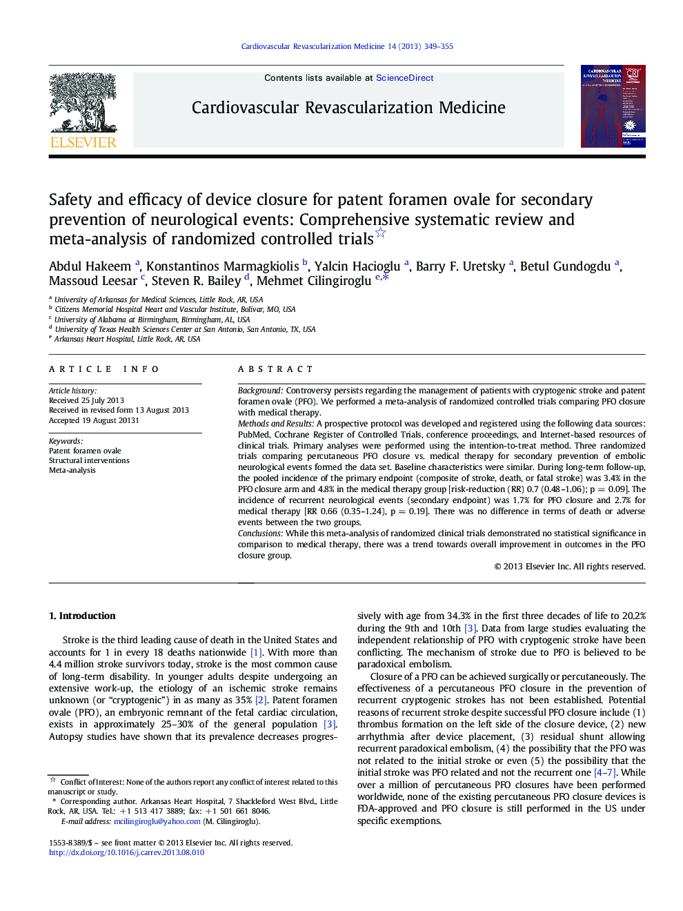 Safety and efficacy of device closure for patent foramen ovale for secondary prevention of neurological events: Comprehensive systematic review and meta-analysis of randomized controlled trials 