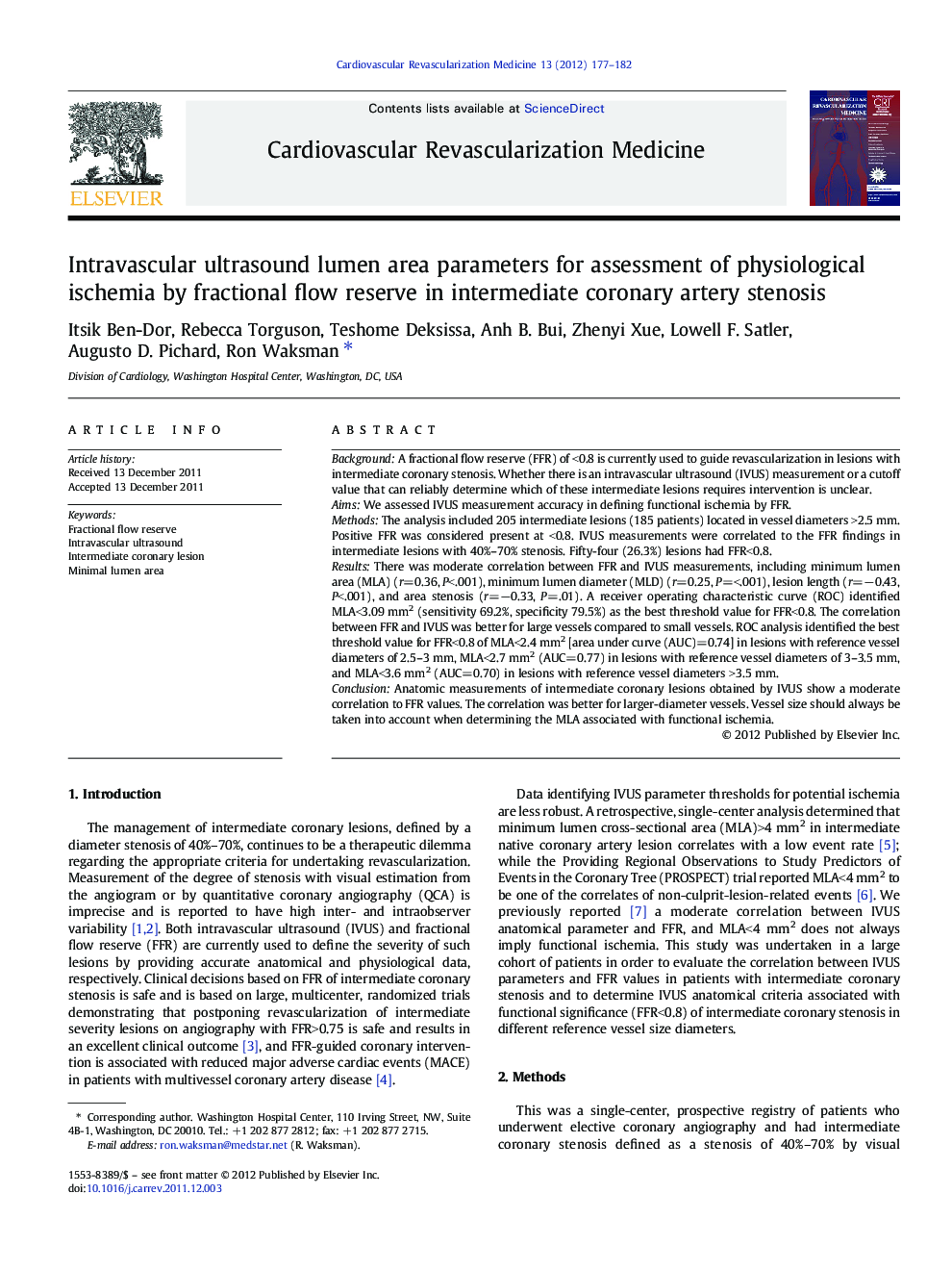 Intravascular ultrasound lumen area parameters for assessment of physiological ischemia by fractional flow reserve in intermediate coronary artery stenosis