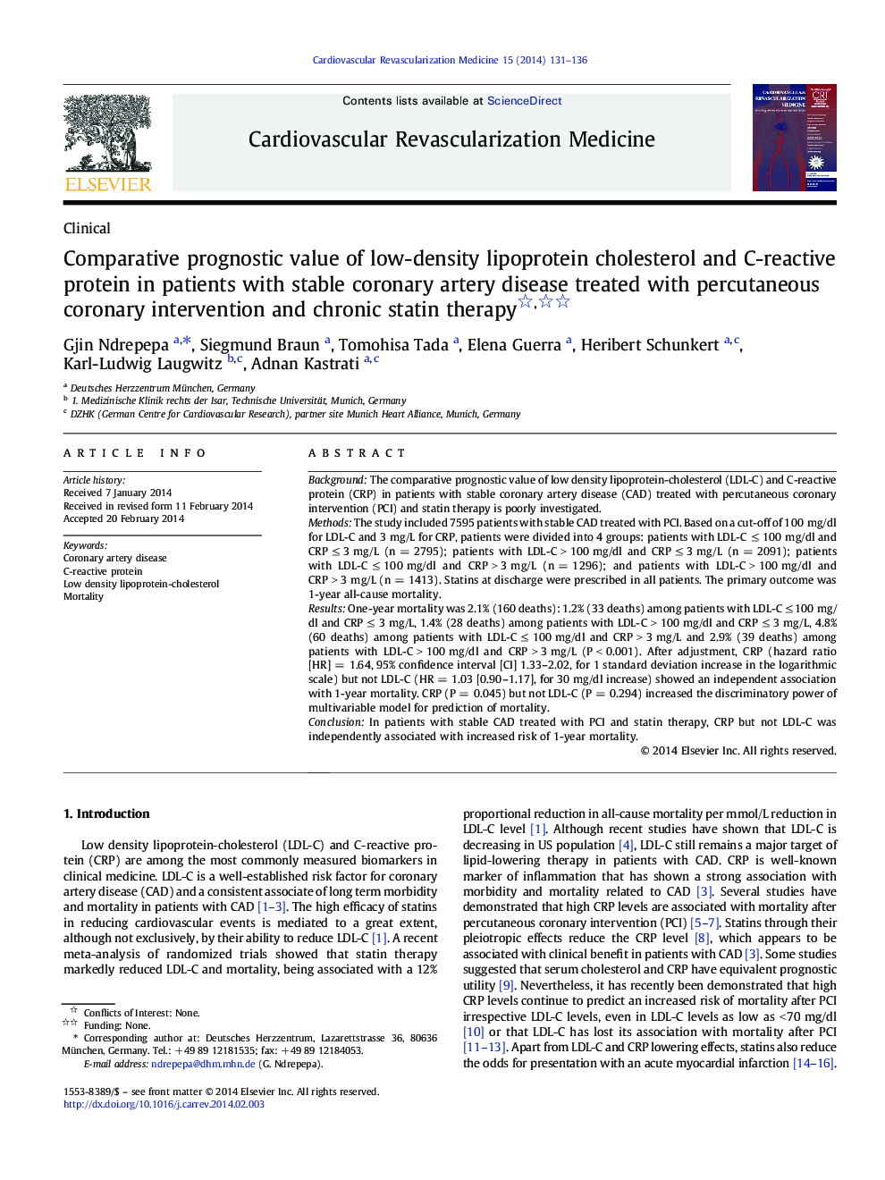 Comparative prognostic value of low-density lipoprotein cholesterol and C-reactive protein in patients with stable coronary artery disease treated with percutaneous coronary intervention and chronic statin therapy 