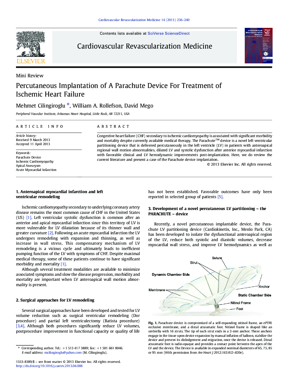 Percutaneous Implantation of A Parachute Device For Treatment of Ischemic Heart Failure